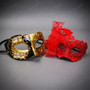 Venetian Music Note And Red Lace Feather Men Women Masquerade Mask - Red Gold Black