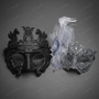 Roman Greek Pegasus Lyre and Silver Glitter Lace Flower Couple Masquerade Masks - Black Silver