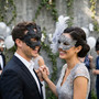 Roman Greek Pegasus Lyre and Silver Glitter Lace Flower Couple Masquerade Masks - Black Silver