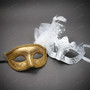 Elegant Glitter Scroll and Feather Flower Women Masquerade Eye Mask - Gold Silver White