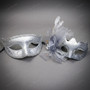 Ornate Venetian Scrollwork Feather Mesh Flower Women Eye Masquerade Mask - Silver