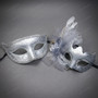 Ornate Venetian Scrollwork Feather Mesh Flower Women Eye Masquerade Mask - Silver