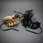 Venetian Harlequin Music Note and Side Floral Feather Women Masquerade Mask - Red Gold Black
