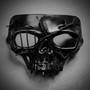 Black Gothic Pirate Skull Mask & Silver Tulle Glitter Feather Masquerade Couple Mask Set