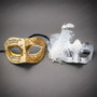 Classic Venetian Musical Note Side Feathered Glitter Women Masquerade Mask - Gold White