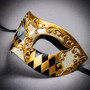 Gold Black Harlequin Venetian Half Mask & Silver Tulle Glitter Masquerade Couple Mask Set