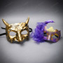 Antique Devil Horns and Elegant Purple Flower Feather Couples Masquerade Masks - Gold Purple