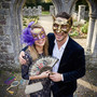 Antique Devil Horns and Elegant Purple Flower Feather Couples Masquerade Masks - Gold Purple