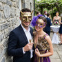 Antique Devil Horns and Elegant Purple Flower Feather Couples Masquerade Masks - Gold Purple