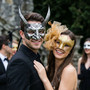 Horned Beast and Elegant Lace Feather Couples Masquerade Masks - Silver Gold