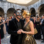 Horned Beast and Elegant Lace Feather Couples Masquerade Masks - Silver Gold