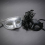 Venetian Glitter Scroll and Side Lace Flower Couples Masquerade Masks - Silver Black