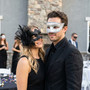 Venetian Glitter Scroll and Side Lace Flower Couples Masquerade Masks - Silver Black