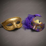 Elegant Venetian Scrollwork Glitter Feather Women Masquerade Eye Masks - Gold Purple