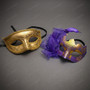 Elegant Venetian Scrollwork Glitter Feather Women Masquerade Eye Masks - Gold Purple
