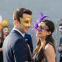 Elegant Venetian Scrollwork Glitter Feather Women Masquerade Eye Masks - Gold Purple