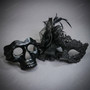 Gothic Skull And Filigree Lace Feather Flower Couple Masquerade Masks - Black