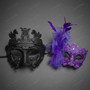Roman Pegasus And Purple Feather Lace Couples Masquerade Mask Pair - Black Purple