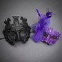 Roman Pegasus And Purple Feather Lace Couples Masquerade Mask Pair - Black Purple