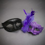 Elegant Venetian Filigree Lace Feather Men And Women Masquerade Eyes Mask - Black Purple