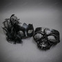 Gothic Glitter Mesh Flower and Barbed Wire Skull Couples Masquerade Mask - Matte Black