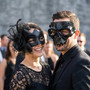 Gothic Glitter Mesh Flower and Barbed Wire Skull Couples Masquerade Mask - Matte Black