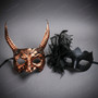 Horned Demon Satyr And Black Lace Floral Women Couples Masquerade Mask - Copper Black