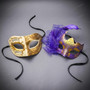 Classic Venetian Musical Scrollwork Purple Feather Women Masquerade Mask - Gold Purple