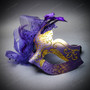 Ivory Gold Phantom Venetian Musical Eye Mask & Purple Tulle Glitter Masquerade Couple Mask Set