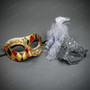 Harlequin Jester And Silver Feather Flower Couples Masquerade Mask - Gold Silver