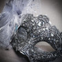 Gold Red Harlequin Venetian Half Mask & Silver Lace Feather Masquerade Couple Mask Set