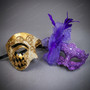 Venetian Harlequin Gold And Purple Feather Lace Couples Masquerade Mask - Gold Purple