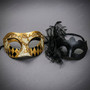 Elegant Harlequin Glitter Lace Flower Venetian Masquerade Eyes Mask - Gold Black