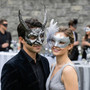 Mythical Horned Beast and Floral Feather Women Masquerade Venetian Mask - Silver Black