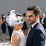 Elegant Venetian Crackle And White Feather Tulle Couples Masquerade Masks - Red Gold White