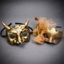 Elegant Horned Devil and Glitter Side Flower Couples Masquerade Masks - Gold Black