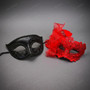 Elegant Venetian Glitter Scroll And Red Lace Feather Women Masquerade Eye Mask - Black Red