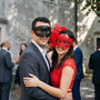 Elegant Venetian Glitter Scroll And Red Lace Feather Women Masquerade Eye Mask - Black Red