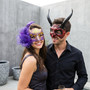 Horror Devil Horns Demon and Purple Glitter Feather Venetian Masquerade Mask - Red Purple Gold