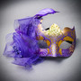 Red Devil Horn Demon Mask & Gold Purple Tulle Glitter Masquerade Couple Mask Set