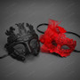 Imperial Roman Greek And Floral Lace Feather Couple Masquerade Mask - Black Red