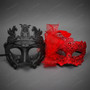 Imperial Roman Greek And Floral Lace Feather Couple Masquerade Mask - Black Red