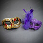Venetian Harlequin Music Jester Diamond Lace Feather Men Women Masquerade Mask - Gold Purple