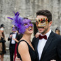 Venetian Harlequin Music Jester Diamond Lace Feather Men Women Masquerade Mask - Gold Purple