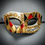 Gold Red Harlequin Venetian Half Mask & Purple Lace Feather Masquerade Couple Mask Set