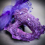 Gold Red Harlequin Venetian Half Mask & Purple Lace Feather Masquerade Couple Mask Set