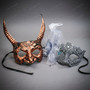 Gothic Horned Beast and Silver Lace Floral Couples Masquerade Venetian Mask - Bronze Silver