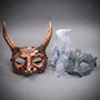 Gothic Horned Beast and Silver Lace Floral Couples Masquerade Venetian Mask - Bronze Silver