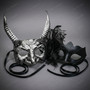 Gothic Horned Devil Satyr and Side Feather Mesh Women Men Masquerade Mask - Silver Black