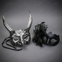 Gothic Horned Devil Satyr and Side Feather Mesh Women Men Masquerade Mask - Silver Black